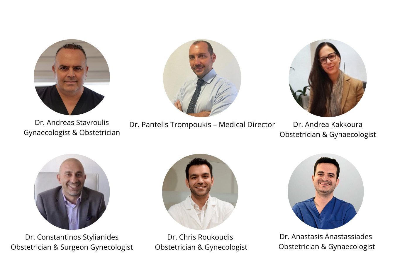 Cryos IVF Clinic 4 Composite photo of Cryos IVF Cyprus collaborating doctors: Dr. Pantelis Trompoukis (Medical Director), Dr. Constantinos Stylianides, Dr. Christos Roukoudis, Dr. Anastasis Anastasiadis, Dr. Constantinos Antoniades, Dr. Andri Kakkoura, and Dr. Andreas Stavroulis.