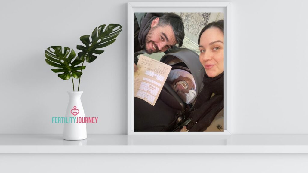 Tonagh and Paul welcome their beautiful baby boy | Pelargos IVF Greece 3 Framed family photo of Tonagh and Paul holding newborn baby after IVF success, Fertility Journey Project at Pelargos IVF Clinic Greece