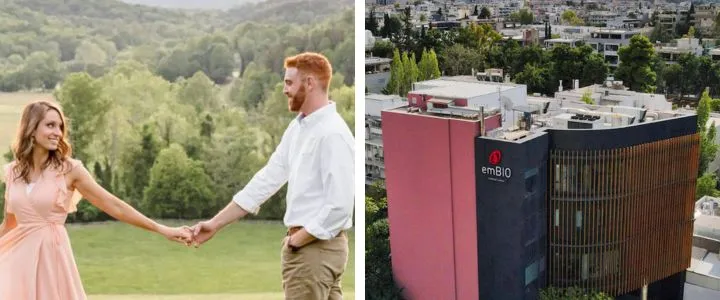 EmBIO Medical Center Reviews: What Patients Really Say Split-style image showing a smiling couple holding hands in a green outdoor field on the left, and an aerial view of a medical building labeled “emBIO” on the right.