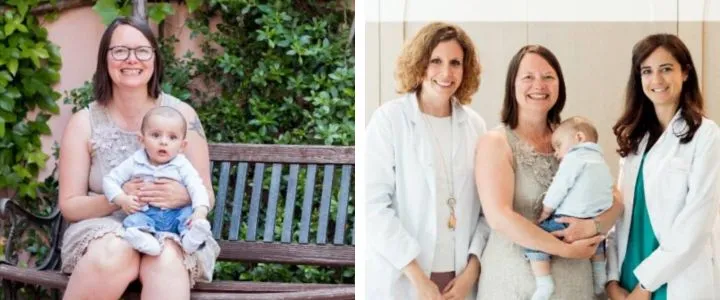 Clínica Tambre Reviews: What Real Patients Say About This Madrid Clinic A mother sitting on a bench holding her baby, and a separate photo of the mother standing with two doctors in white coats while holding her child.