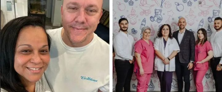 Cyprus IVF Hospital Reviews: An Honest Look From Real Patients Collage of a smiling couple taking a selfie indoors alongside a group of medical staff in scrubs and business attire posing together in a clinic setting.