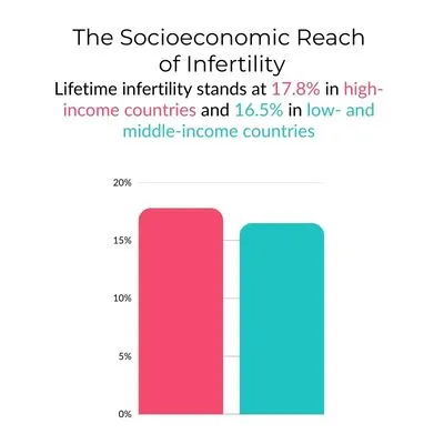 Infertility Statistics 2026: The Data Behind a Widespread Health Issue 1 Bar chart comparing lifetime infertility prevalence by income level, showing 17.8% in high-income countries and 16.5% in low- and middle-income countries.