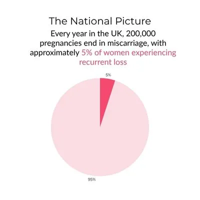 23 Million Miscarriages a Year — And Up to 50% Still Have No Known Cause 4 Pie chart showing that approximately 5% of women experience recurrent pregnancy loss, represented by a small pink slice against a large light pink segment of 95%.